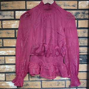 NEW Japna Women Small Red Burgundy Chiffon Smocked Waist Long‎ Sleeve Blouse NWT